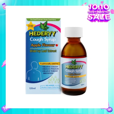 HEDERVY Cough Syrup Apple (Suitable For Kids, To Relieve Cough, Reduce Phlegm & Relieve Throat Irritation) 120ml (Expiry: Mar`2026)