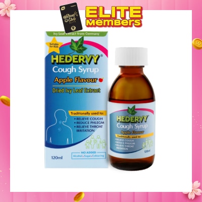 HEDERVY Cough Syrup Apple (Suitable For Kids, To Relieve Cough, Reduce Phlegm & Relieve Throat Irritation) 120ml (Expiry: Mar`2026)