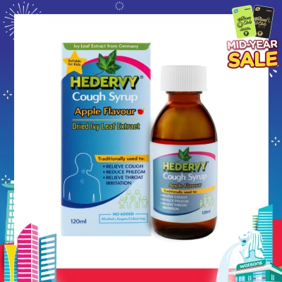 HEDERVY Cough Syrup Apple (Suitable For Kids, To Relieve Cough, Reduce Phlegm & Relieve Throat Irritation) 120ml