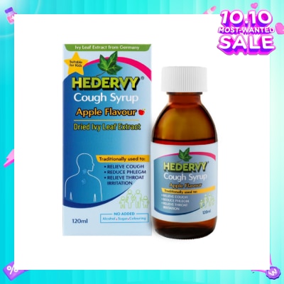 HEDERVY Cough Syrup Apple (Suitable For Kids, To Relieve Cough, Reduce Phlegm & Relieve Throat Irritation) 120ml (Expiry: Mar`2026)