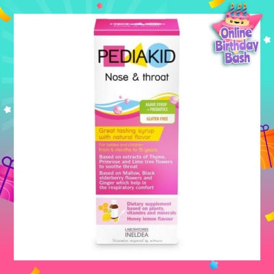 PEDIAKID Gluten Free Agave Syrup + Natural Honey Lemon Flavoured Prebiotics For Throat and Respiratory 125ml (Expiry: Dec`2025)