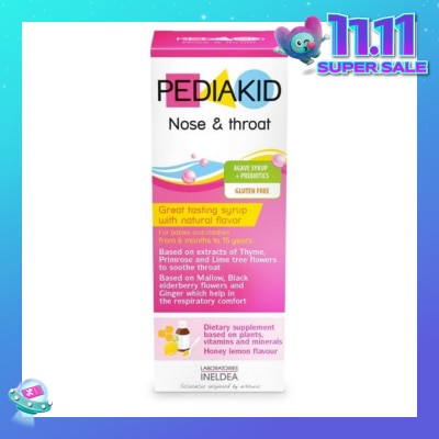 PEDIAKID Gluten Free Agave Syrup + Natural Honey Lemon Flavoured Prebiotics For Throat and Respiratory 125ml