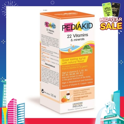 PEDIAKID 23 Vitamins & Minerals Great Tasting Syrup Dietry Supplement Orange-Apricot Flavour (From 6mths to 12yrs old) 125ml