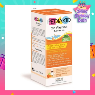 PEDIAKID 23 Vitamins & Minerals Great Tasting Syrup Dietry Supplement Orange-Apricot Flavour (From 6mths to 12yrs old) 125ml