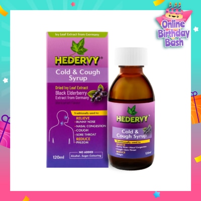 HEDERVY Cold & Cough Syrup Blackcurrant (To Relieve Runny Nose, Nasal Congestion, Cough, Sore Throat & Reduce Phlegm)