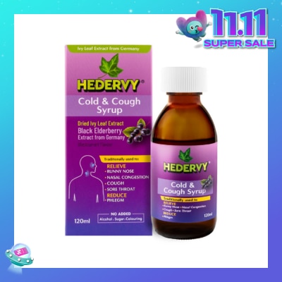 HEDERVY Cold & Cough Syrup Blackcurrant (To Relieve Runny Nose, Nasal Congestion, Cough, Sore Throat & Reduce Phlegm) (Expiry: Feb`2026)