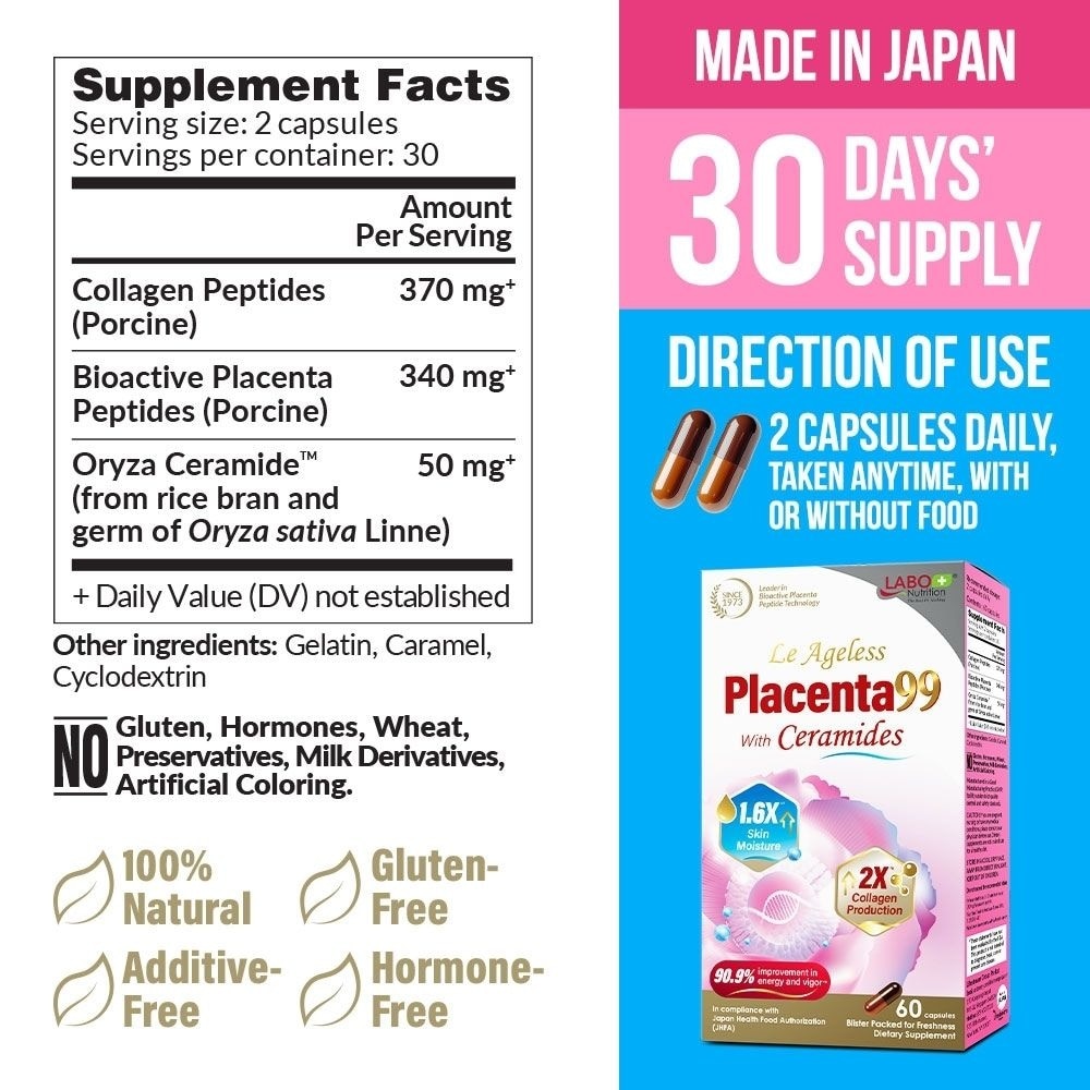 Le Ageless Placenta99 with Ceramides & Collagen Peptides Anti-Aging Beauty Supplement Capsule (For Skin, Energy, Menopause & Hormonal Support) 60s image