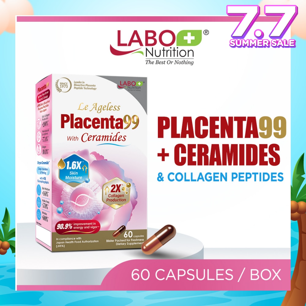 Le Ageless Placenta99 + Ceramides & Collagen Peptides Dietary Supplement Capsule (For Anti-Aging, Wrinkles, Hair, Energy, Menopause & Hormonal Support) 60s