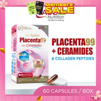 LABO NUTRITION Le Ageless Placenta99 + Ceramides & Collagen Peptides Dietary Supplement Capsule (For Anti-Aging, Wrinkles, Hair, Energy, Menopause & Hormonal Support) 60s