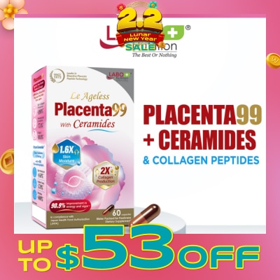 LABO NUTRITION Le Ageless Placenta99 + Ceramides & Collagen Peptides Dietary Supplement Capsule (For Anti-Aging, Wrinkles, Hair, Energy, Menopause & Hormonal Support) 60s