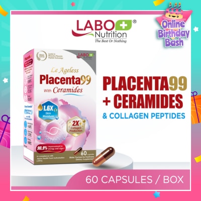 LABO NUTRITION Le Ageless Placenta99 + Ceramides & Collagen Peptides Dietary Supplement Capsule (For Anti-Aging, Wrinkles, Hair, Energy, Menopause & Hormonal Support) 60s