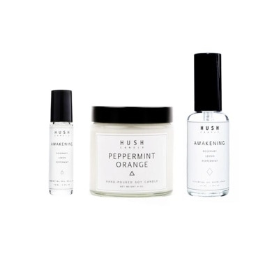 HUSH CANDLE Awakening Packset consists Peppermint Orange Candle 113g + 10ml Awakening Roll-on + 50ml Awakening Room Spray