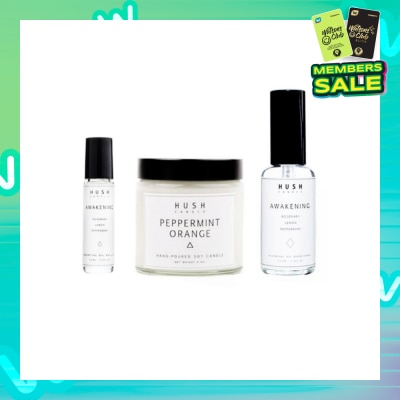 HUSH CANDLE Awakening Packset consists Peppermint Orange Candle 113g + 10ml Awakening Roll-on + 50ml Awakening Room Spray