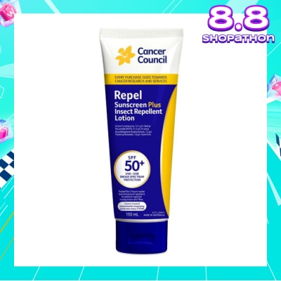CANCER COUNCIL Repel Sunscreen + Insect Repellent Lotion SPF50+ UVA/UVB (To Protect Against Mosquitos & Flies) 110ml