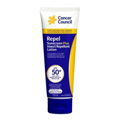 CANCER COUNCIL Repel Sunscreen + Insect Repellent Lotion SPF50+ UVA/UVB (To Protect Against Mosquitos & Flies) 110ml