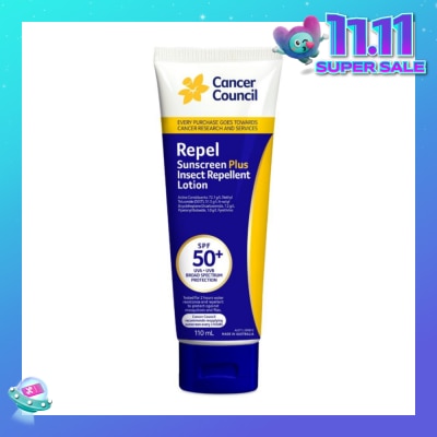 CANCER COUNCIL Repel Sunscreen + Insect Repellent Lotion SPF50+ UVA/UVB (To Protect Against Mosquitos & Flies) 110ml