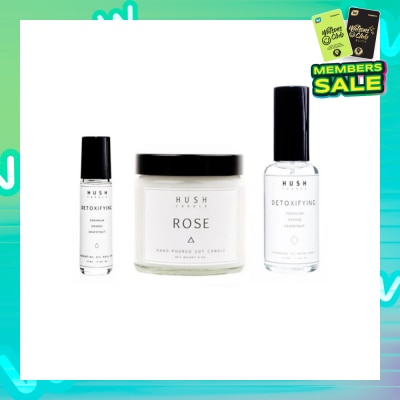 HUSH CANDLE Detoxifying Packset consists Rose Candle 113g + Detoxifying Roll-on 10ml + Detoxifying Room Spray 50ml