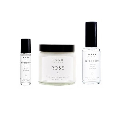 HUSH CANDLE Detoxifying Packset consists Rose Candle 113g + Detoxifying Roll-on 10ml + Detoxifying Room Spray 50ml