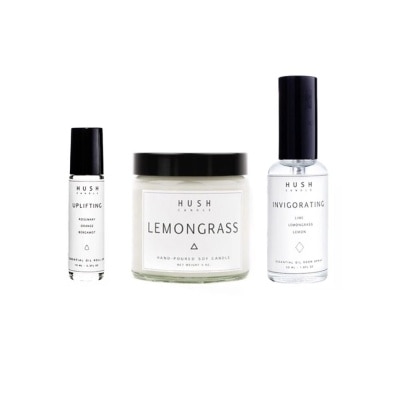 HUSH CANDLE Uplifting Packset consists Lemongrass Candle 113g + Uplifting Roll on 10ml + Invigorating Room Spray 50ml