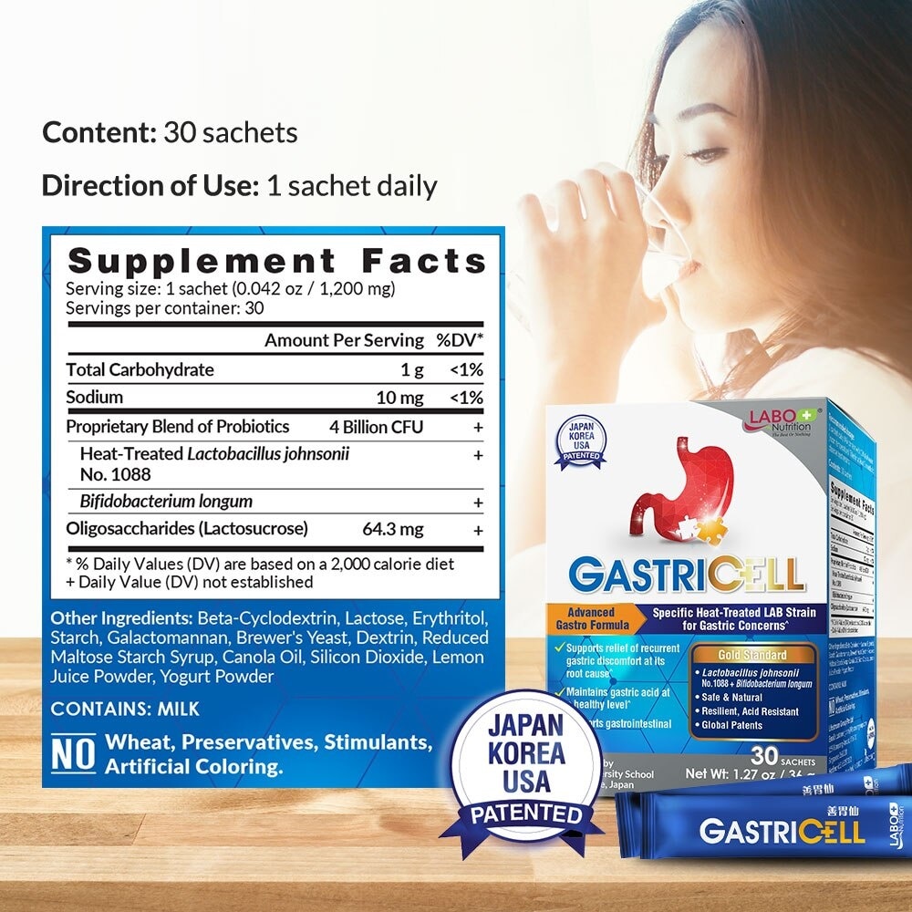 Gastricell Dietary Supplement Sachet (Eliminate H. Pylori, Relieve Acid Reflux And Heartburn, Bloat, Indigestion, Burping, Regulate Gastric Acid) 30s