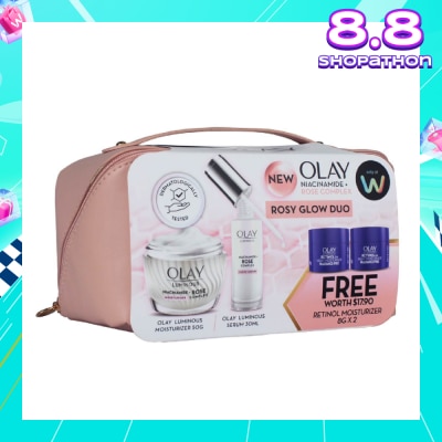 OLAY Luminous Rosy Glow Duo Bundle Packset consists Rose Serum 30ml + Rose Moisturiser 50g Free Retinol 8g x 2s