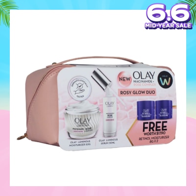 OLAY Luminous Rosy Glow Duo Bundle Packset consists Rose Serum 30ml + Rose Moisturiser 50g Free Retinol 8g x 2s