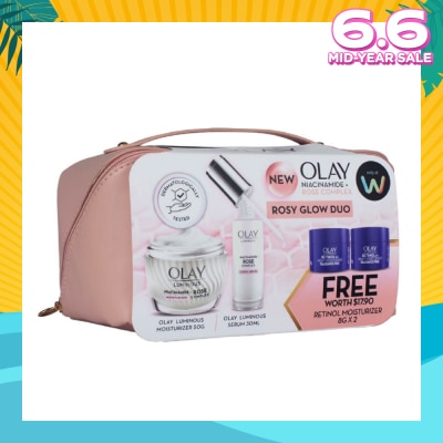 OLAY Luminous Rosy Glow Duo Bundle Packset consists Rose Serum 30ml + Rose Moisturiser 50g Free Retinol 8g x 2s