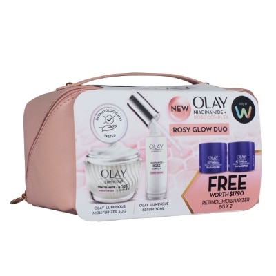 OLAY Luminous Rosy Glow Duo Bundle Packset consists Rose Serum 30ml + Rose Moisturiser 50g Free Retinol 8g x 2s