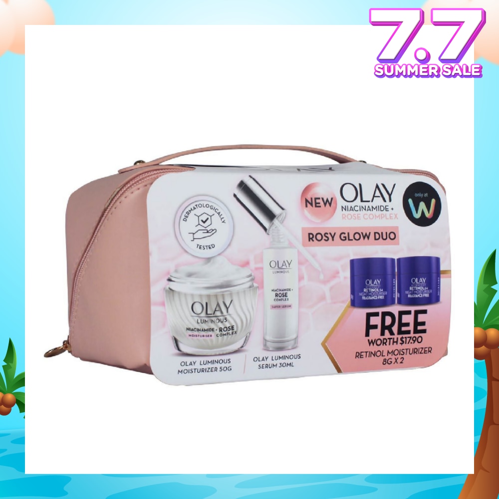 Luminous Rosy Glow Duo Bundle Packset consists Rose Serum 30ml + Rose Moisturiser 50g Free Retinol 8g x 2s