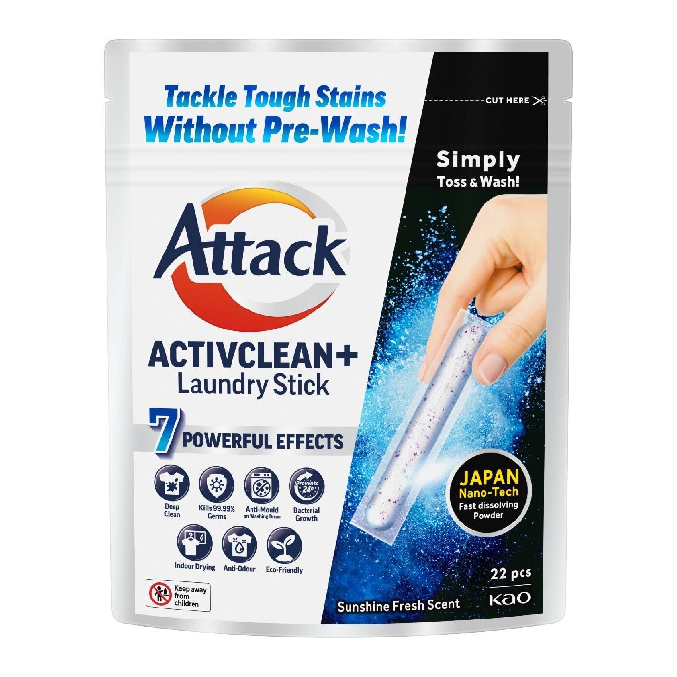 ATTACK Activclean+ Laundry Detergent Stick Capsule (Anti Mould + Kills 99.99% Germs) 22s