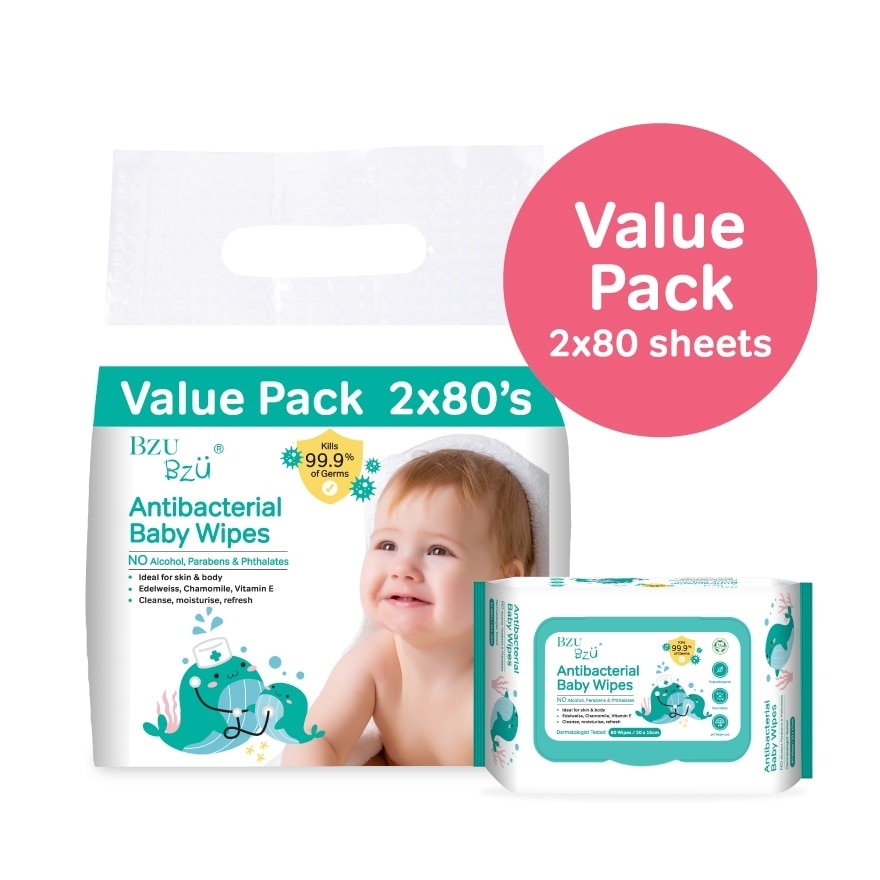 Antibacterial Baby Wipes Value Pack (No Alcohol & Parabens & Phthalates) 2x80s