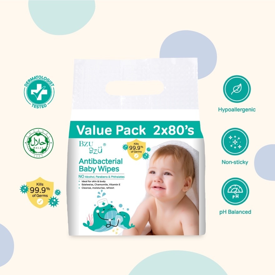 Antibacterial Baby Wipes Value Pack (No Alcohol & Parabens & Phthalates) 2x80s