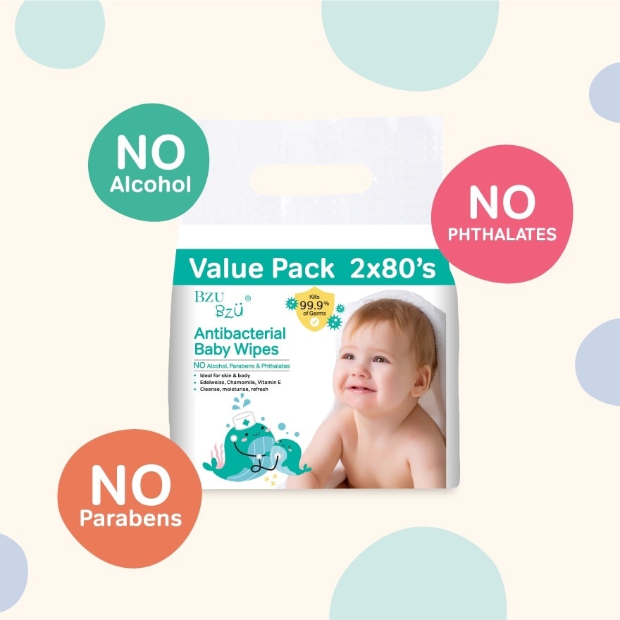 Antibacterial Baby Wipes Value Pack (No Alcohol & Parabens & Phthalates) 2x80s