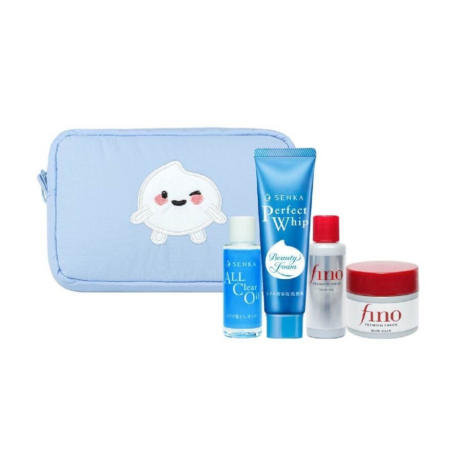 FT FINO Face & Hair Travel Packset consists Foamy Pouch 1s + SENKA Make Up Remover 20ml + Facial Cleanser 50g & FINO Hair Mask 40g + Hair Oil 10ml