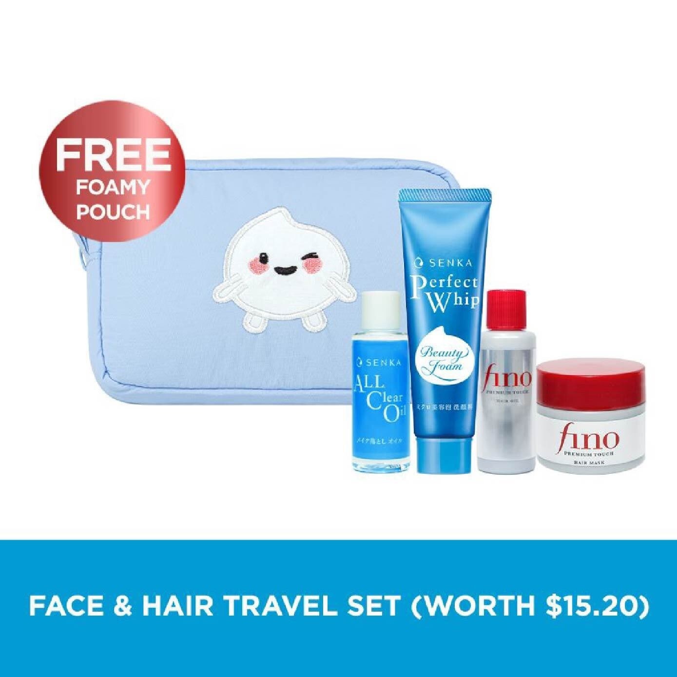 FT FINO Face & Hair Travel Packset consists Foamy Pouch 1s + SENKA Make Up Remover 20ml + Facial Cleanser 50g & FINO Hair Mask 40g + Hair Oil 10ml