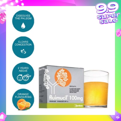 FLUIMUCIL Granules Sachet 100mg Orange Flavour (Dissolves phlegm for 2 yrs to 6 yrs old) 30s