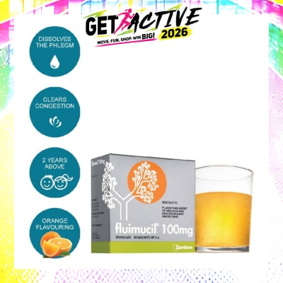 FLUIMUCIL - Granules Sachet 100mg Orange Flavour (Dissolves phlegm for 2 yrs to 6 yrs old) 30s (Expiry: Feb`2027) image