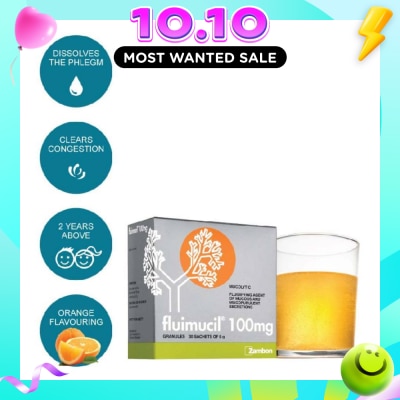 FLUIMUCIL Granules Sachet 100mg Orange Flavour (Dissolves phlegm for 2 yrs to 6 yrs old) 30s (Expiry: Feb`2027) image