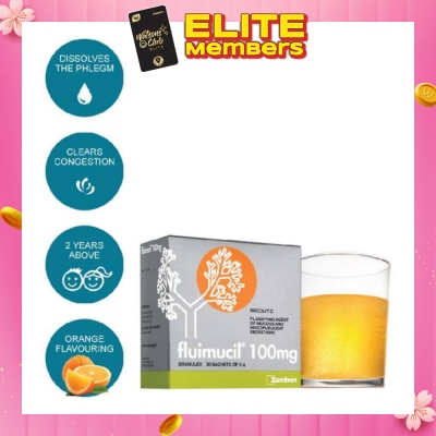 FLUIMUCIL Granules Sachet 100mg Orange Flavour (Dissolves phlegm for 2 yrs to 6 yrs old) 30s