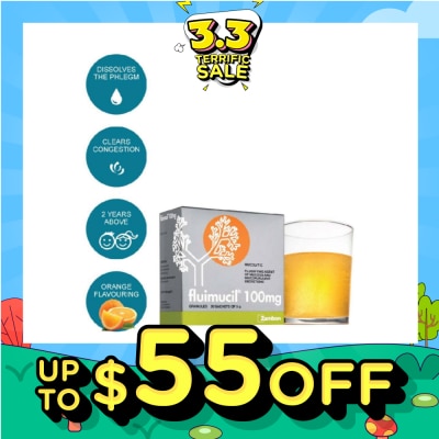 FLUIMUCIL Granules Sachet 100mg Orange Flavour (Dissolves phlegm for 2 yrs to 6 yrs old) 30s