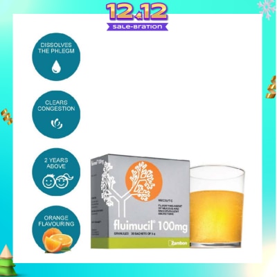 FLUIMUCIL Granules Sachet 100mg Orange Flavour (Dissolves phlegm for 2 yrs to 6 yrs old) 30s