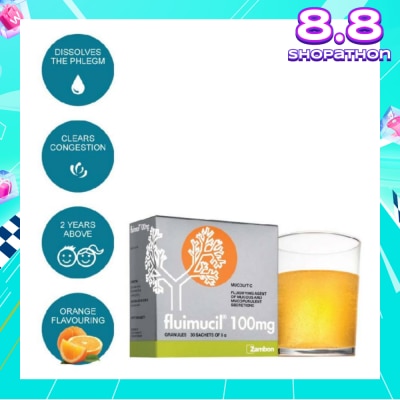 FLUIMUCIL Granules Sachet 100mg Orange Flavour (Dissolves phlegm for 2 yrs to 6 yrs old) 30s