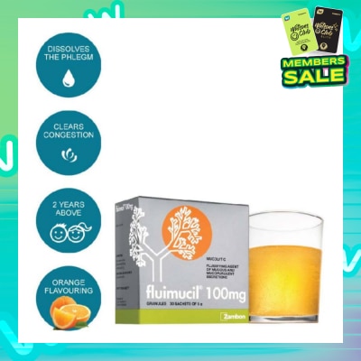 FLUIMUCIL Granules Sachet 100mg Orange Flavour (Dissolves phlegm for 2 yrs to 6 yrs old) 30s