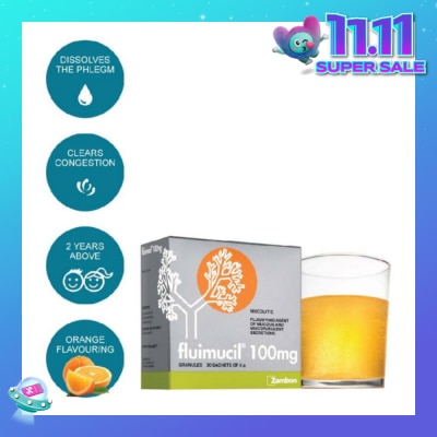 FLUIMUCIL Granules Sachet 100mg Orange Flavour (Dissolves phlegm for 2 yrs to 6 yrs old) 30s