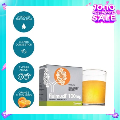 FLUIMUCIL Granules Sachet 100mg Orange Flavour (Dissolves phlegm for 2 yrs to 6 yrs old) 30s