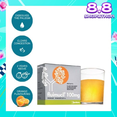 FLUIMUCIL Granules Sachet 100mg Orange Flavour (Dissolves phlegm for 2 yrs to 6 yrs old) 30s