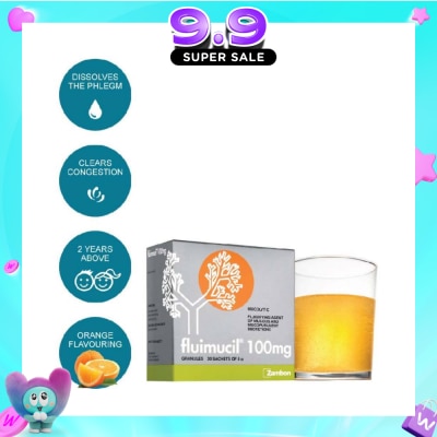FLUIMUCIL - Granules Sachet 100mg Orange Flavour (Dissolves phlegm for 2 yrs to 6 yrs old) 30s (Expiry: Feb`2027) image