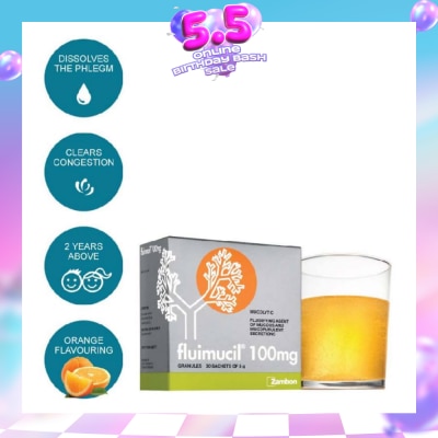 FLUIMUCIL - Granules Sachet 100mg Orange Flavour (Dissolves phlegm for 2 yrs to 6 yrs old) 30s (Expiry: Feb`2027)