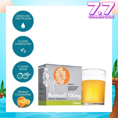FLUIMUCIL Granules Sachet 100mg Orange Flavour (Dissolves phlegm for 2 yrs to 6 yrs old) 30s
