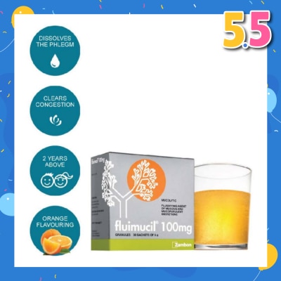 FLUIMUCIL Granules Sachet 100mg Orange Flavour (Dissolves phlegm for 2 yrs to 6 yrs old) 30s